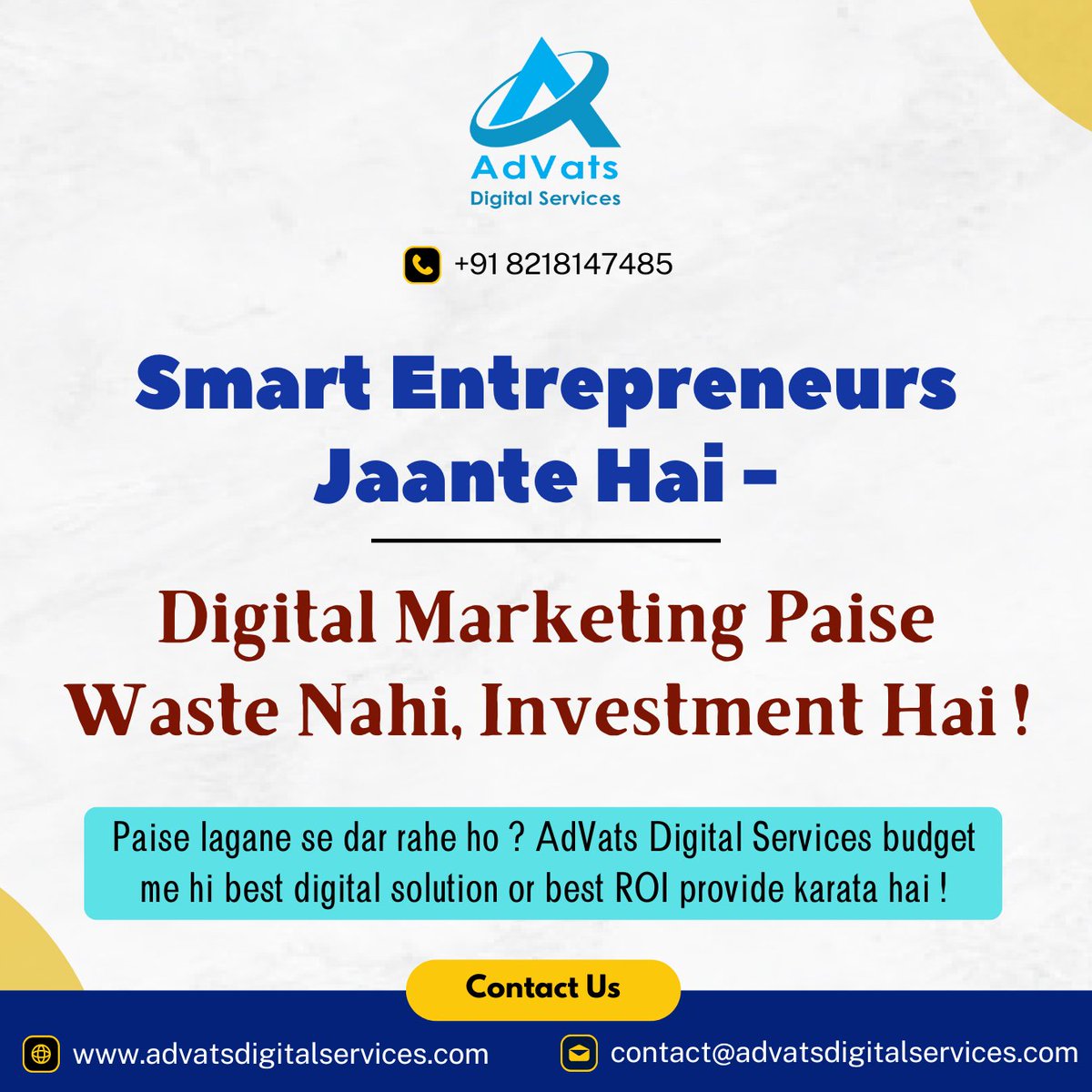 AdVatsDigital's tweet photo. Smart Entrepreneurs👨💼💡Jaante Hai -
Digital Marketing💻📈, Paise Waste Nahi❌💸, Investment Hai!✅📊
📞Call: +91 8218147485 |🌐https://t.co/Ghdafma8fN |📩DM Us Now!
#advatsdigitalservices #digitalmarketing #smartentrepreneurs #investinmarketing #businessgrowthstrategy https://t.co/HGI7fbDSMm