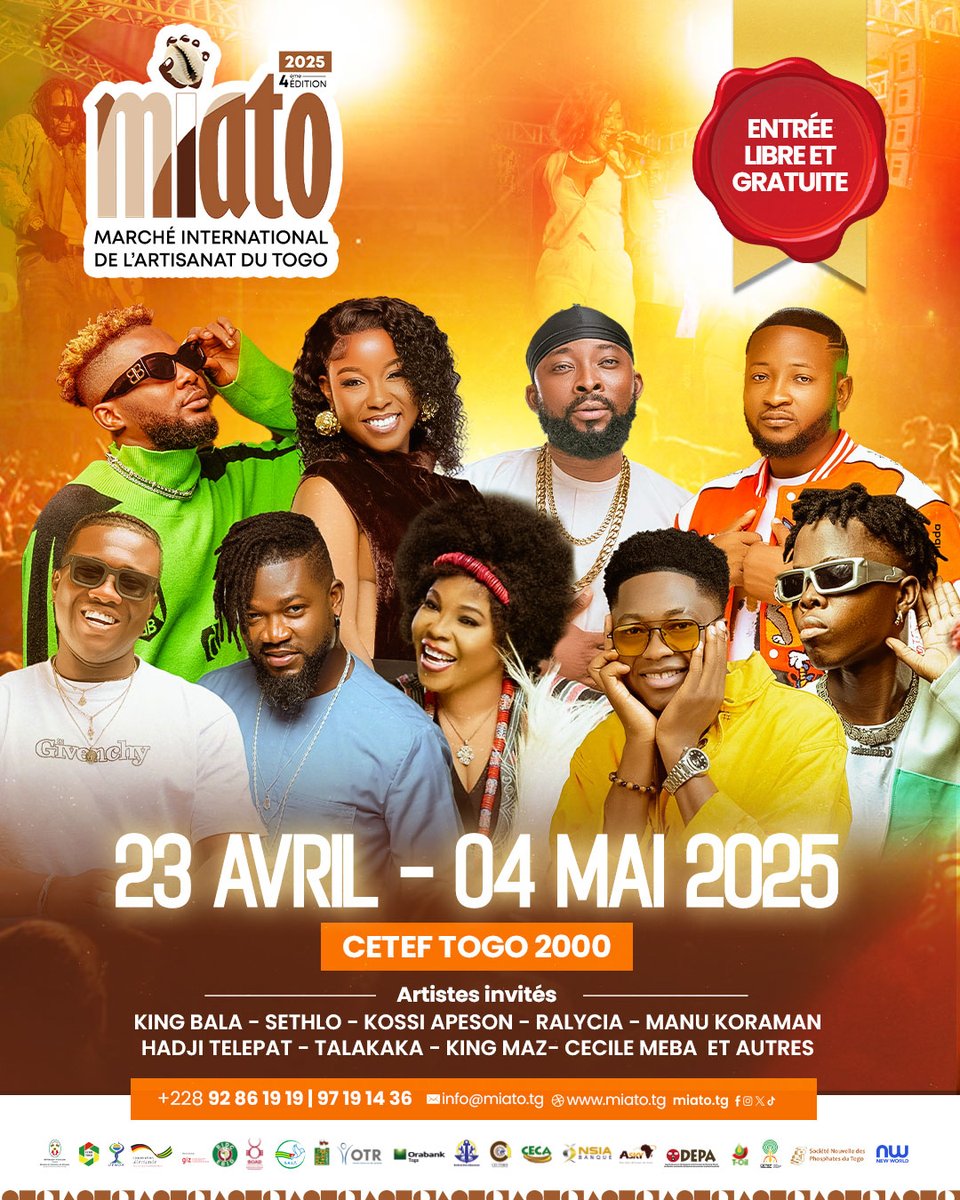 🎶 MIATO 2025 s’annonce vibrant du côté concerts ! 🔥
Du 23 avril au 4 mai au CETEF, artistes live, ambiance de folie… 👉 Viens vivre le show !
#MIATO2025 #ConcertsMIATO #TousAuCETEF