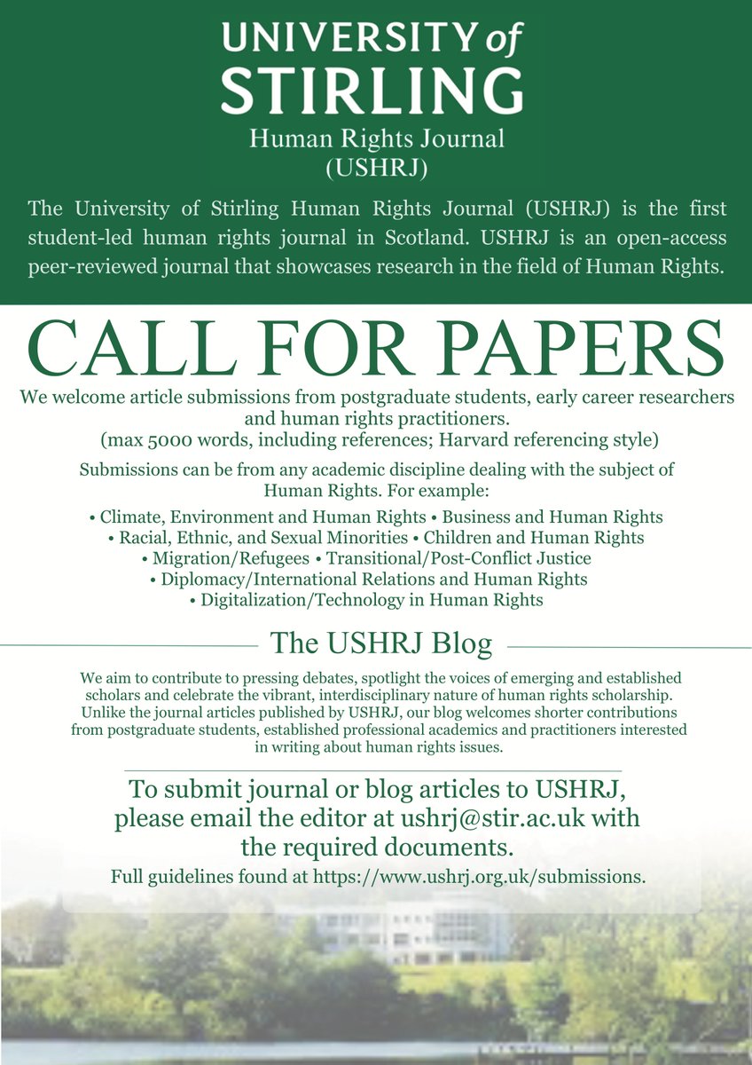 🚨 CALL FOR PAPERS 🚨

 USHRJ is inviting submissions from postgraduate students, early career researchers &amp; practitioners!

📧 Submit: ushrj@stir.ac.uk
🔗 More info: ushrj.org.uk/submissions
