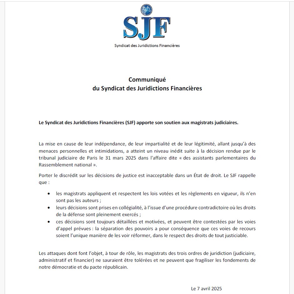 LE SJF SOUTIENT LES MAGISTRATS JUDICIAIRES
Audrey Cavaillier, présidente du Syndicat des juridictions financières, dénonce la mise en cause de l'indépendance des collègues des tribunaux judiciaires, qui constitue l'un des fondements de notre Etat de droit !