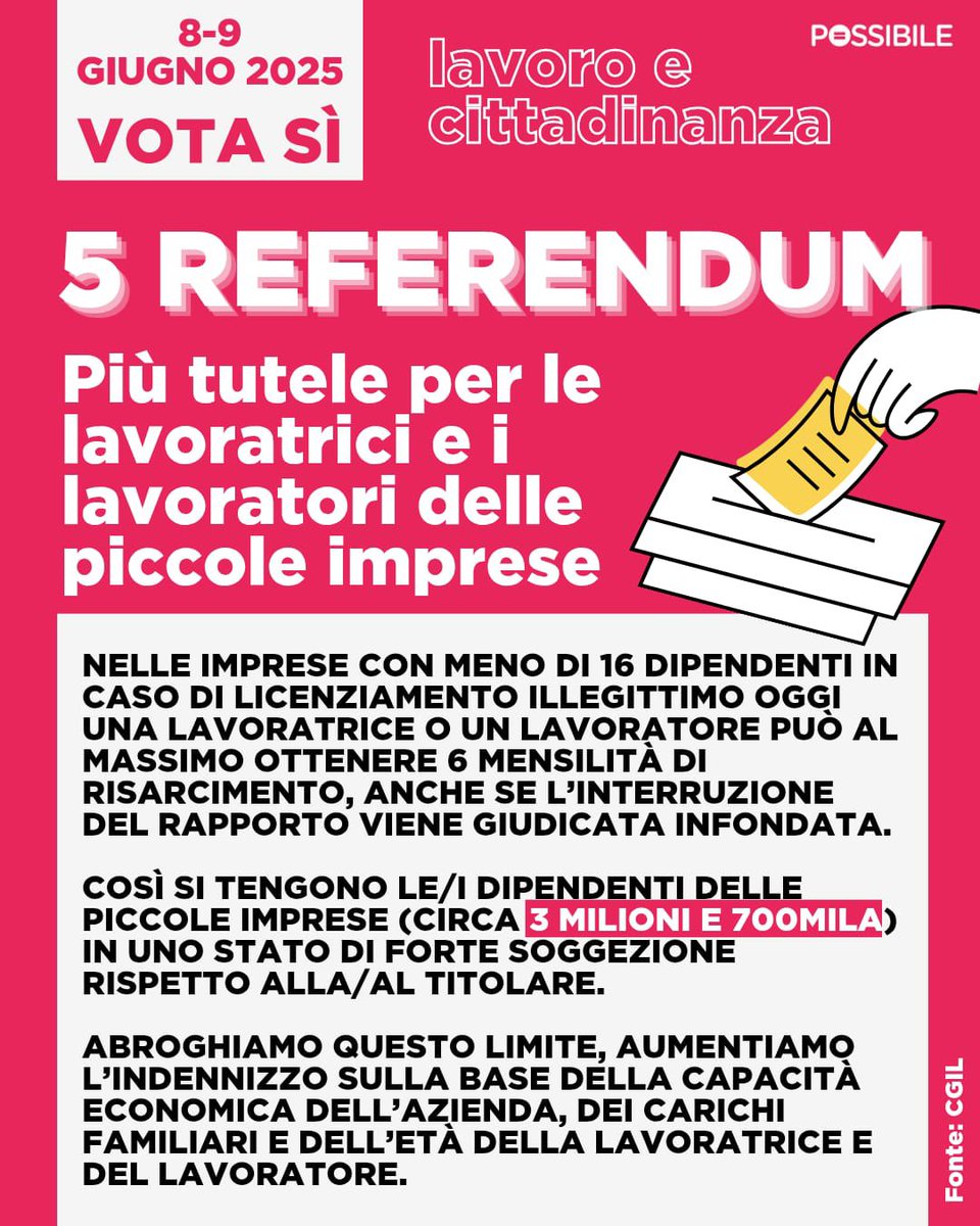 PossibileIt's tweet photo. L’8 e il 9 giugno saremo chiamati a votare cinque quesiti referendari importantissimi. 

Quattro saranno sul lavoro… 

1/2 https://t.co/0QVYFwTPOX