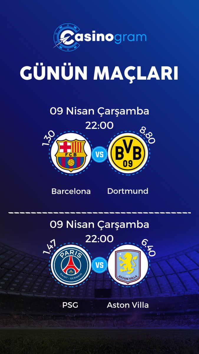 casinogramtr's tweet photo. 🔥 Günün Maçları En Çekici Oranlarla Casinogram'da!🏆

🕘 Maçlar:
22:00 Barcelona - Dortmund
22:00 PSG - Aston Villa

100 TL Deneme Bonusu! 🎉
20.000 TL Hoş Geldin Bonusu! 📺
%20'ye varan Spor Kayıp Bonusu! 🏆

🔥 LİNK BİODA 🔥

#Casinogram #GününMaçı #UCL https://t.co/XyqB0ph5s4
