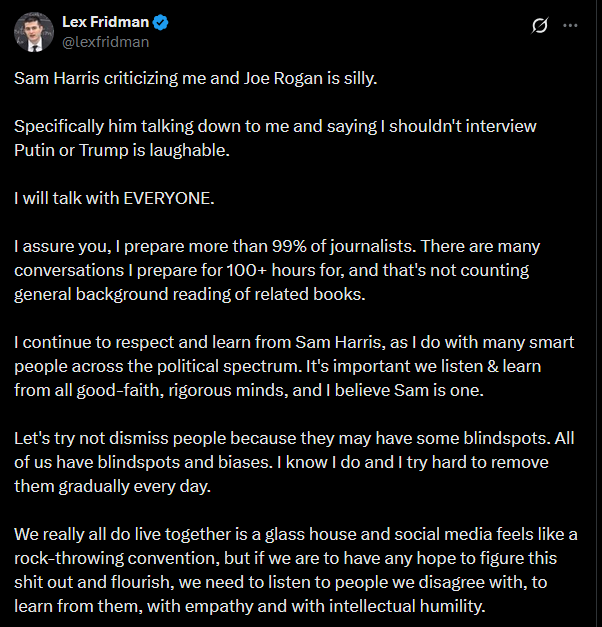 P_Kallioniemi's tweet photo. Lex Fridman saying he'll 'talk with EVERYONE' yet blocking anyone who criticizes his work is a bit rich. https://t.co/BmMGKvoB1E
