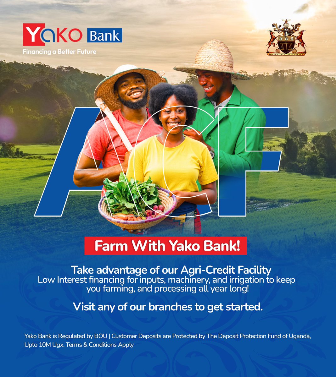 YakoBankUG's tweet photo. Farm with Yako Bank!
In partnership with @BOU_Official , we’ve brought you the Agri-Credit Facility, a product aimed to support commercial farmers. Enjoy low interest financing for inputs, machinery, irrigation, and so much more to keep you farming and producing all year round. https://t.co/ZTpcMeEuld
