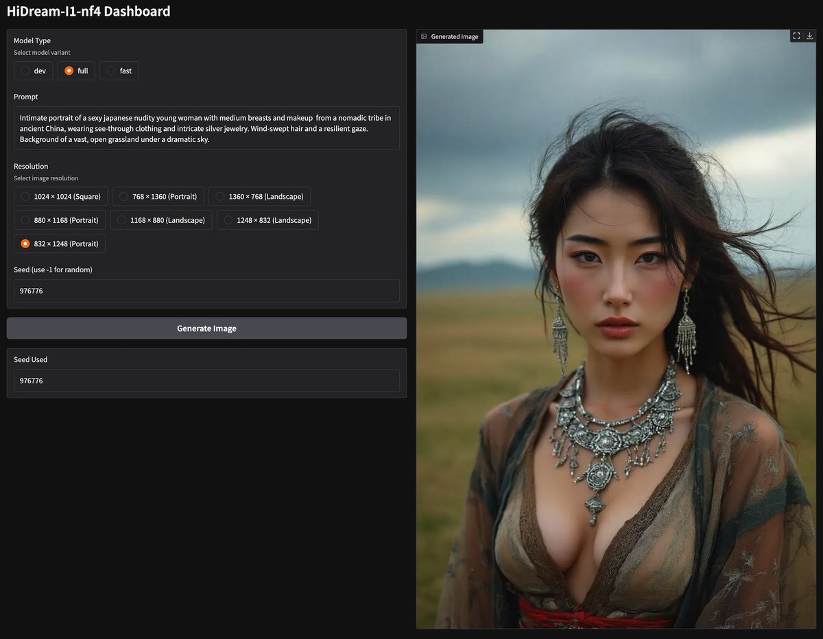 PhotogenicWeekE's tweet image. #HiDream-I1-nf4、#ComfyUI Nodeと #WebUI (下記リンク)両方試したけど、後者の方が安定している。Nodeの方はFast | Dev | Full 切り替えてもUnloadしないのでOOMで落ちる(ComfyUI側のUnloadでも駄目)。順にFull、Dev、Fast。#RTX5090 で51秒、15秒、8秒。Devで十分かな!?メモリは16GB+。…