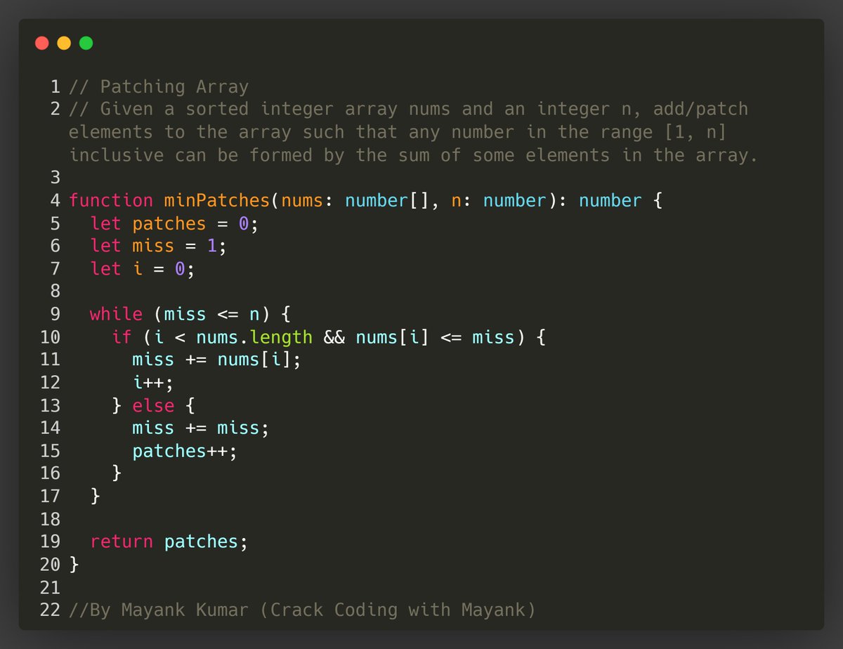 MayankQnAPe's tweet photo. 🧠 Coding Challenge: Given nums = [1,3], n = 6, how many numbers do we need to add so that we can form every sum in [1, 6]?

Answer: 1 ➝ Add 2 🔥

Try more: [1,5,10], n=20 ➝ 2 patches
 [1,2,2], n=5 ➝ 0 patches
#Coding #Greedy #TechTwitter https://t.co/Ef2CxNQNxO