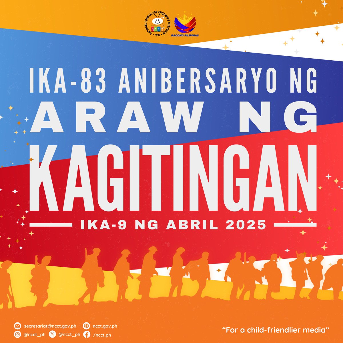 NCCT_PH's tweet photo. Ngayong araw, ginugunita ang ika-83 Anibersaryo ng 𝐀𝐫𝐚𝐰 𝐧𝐠 𝐊𝐚𝐠𝐢𝐭𝐢𝐧𝐠𝐚𝐧 o ang Day of Valor.

https://t.co/N2i6tXzQGF

#ArawNgKagitingan #DayOfValor #NCCT #NationalCouncilForChildrensTelevision https://t.co/SUEqOBlvtL