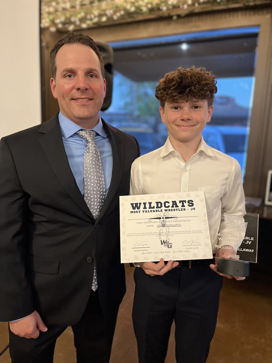 CheriseSallaway's tweet photo. JV Most Valuable Wrestler and JV undefeated district champ! William’s freshman season did not disappoint! Big thanks to his awesome coaches, Coach Keck and Coach Sachs. @WGHS_Wrestling is The Standard! https://t.co/b0p2BJDROD