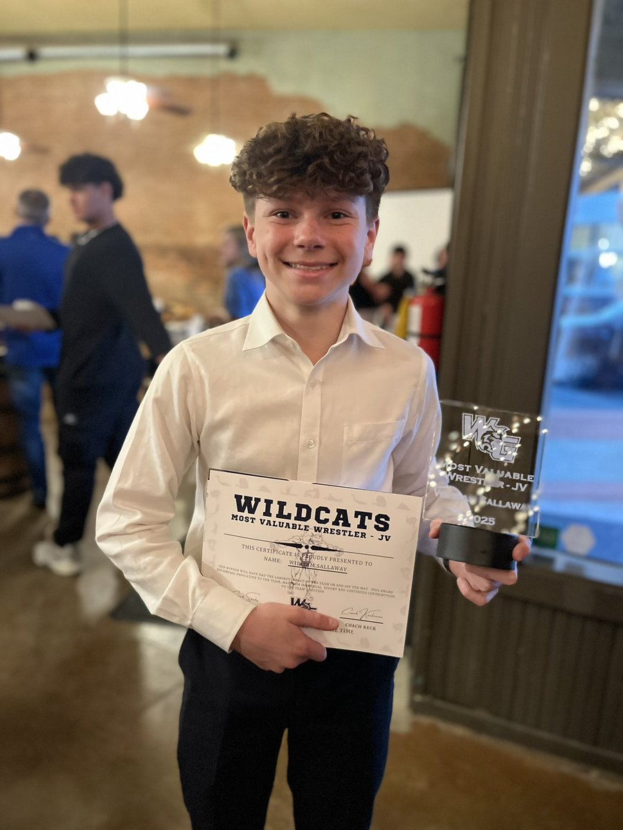 CheriseSallaway's tweet photo. JV Most Valuable Wrestler and JV undefeated district champ! William’s freshman season did not disappoint! Big thanks to his awesome coaches, Coach Keck and Coach Sachs. @WGHS_Wrestling is The Standard! https://t.co/b0p2BJDROD