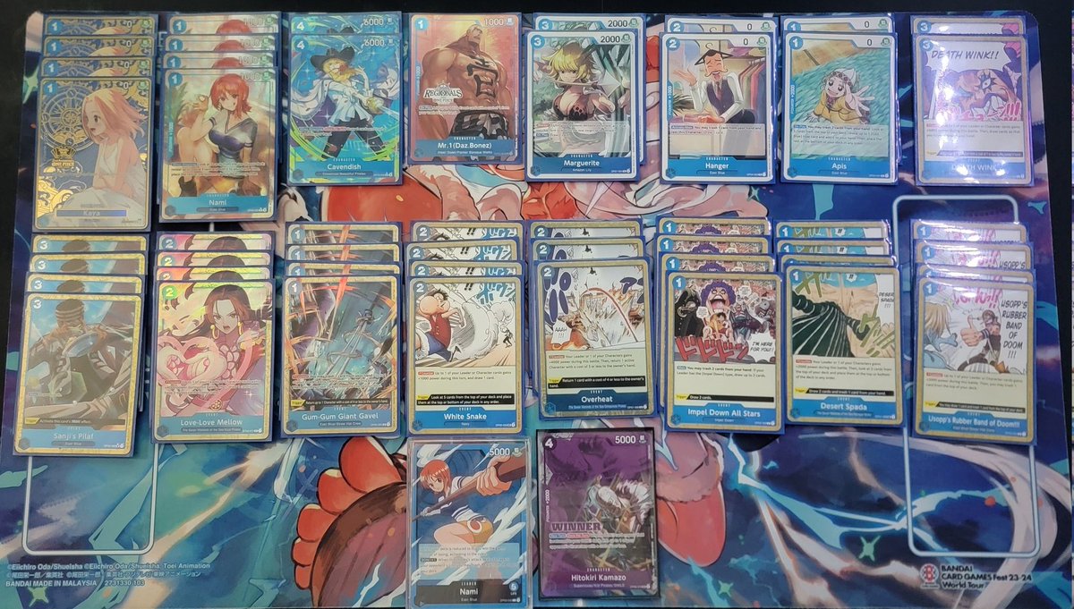 DoxTCG's tweet photo. Went 4-0 tonight at locals. I made some changes to the list. I am running Overheat because of all the aggro lately. It was fun to play with Deathwink again. 
Match ups:
Reiju 
Bonney
R Shanks
R Shanks https://t.co/trwSu5sIk2