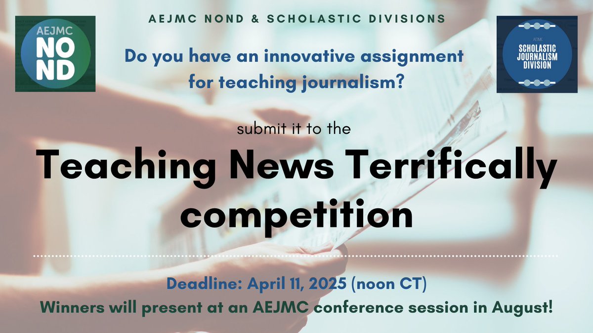 ⭐️ With the #AEJMC25 deadline behind us, consider submitting a proposal for this year's "Teaching News Terrifically (TNT) in the 21st Century" teaching competition! Co-sponsored by #NOND and <a href="/AejmcS/">AEJMC_SJD</a> ⭐️

Deadline is April 11 at noon CT. More details here: aub.ie/NOND-TNT25.