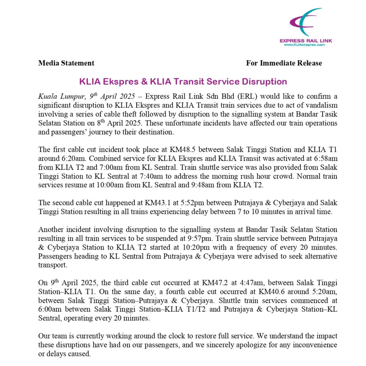 KLIAekspres's tweet photo. Media Statement 
For Immediate Release https://t.co/Uho70njbTw