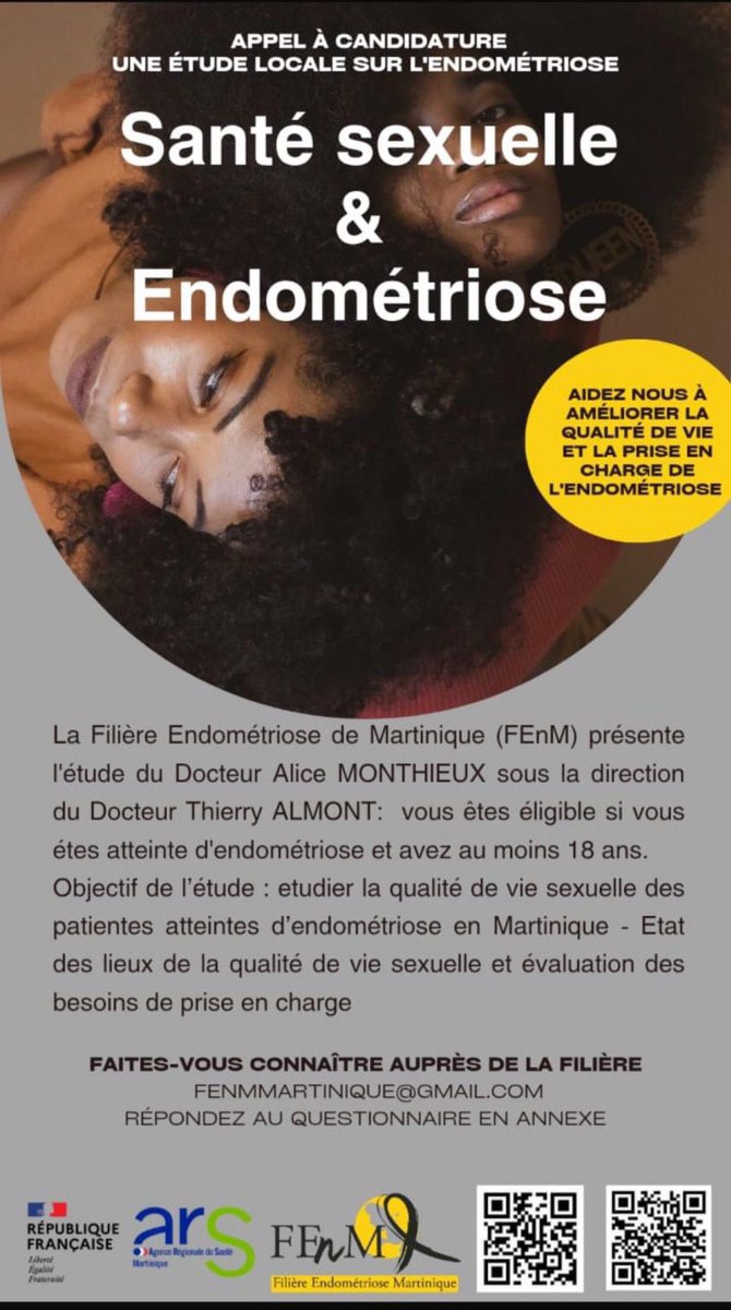Vince97215's tweet photo. ********* APPEL À  CANDIDATURE **********

[ Appel à candidatures #Femme #Endometriose #SantéSexuelle ]
Nous recherchons des #Femmes motivées pour répondre à une étude qui devrait nous aider à améliorer la qualité de vie sexuelle des femmes atteintes d’endométriose à la Martinique !!!
VOUS VIVEZ AVEC L’ENDOMÉTRIOSE EN MARTINIQUE ! VOUS AVEZ AU MOINS 18 ANS !!!
*Répondez ANONYMEMENT au questionnaire en ligne* : 
👉https://t.co/VrsPm2lbUI
Où scanner le QRcode de l’affiche 
CONTACTEZ-NOUS VITE !!!
📧 fenmmartinique@gmail.com 
‼️ WhatsApp uniquement ‼️0696 61 96 96
Suivez notre chaîne : https://t.co/xyRnjCfBUj
