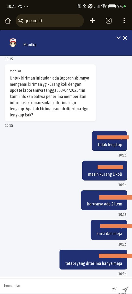 XVIIIMei's tweet photo. @JNECare komplain kurang barang malah di endchat mulu. gatau sekarang barangnya ada dimana, di cek resinya status delivered. di cek status laporannya katanya dah selesai https://t.co/N8YcBpZ6pm