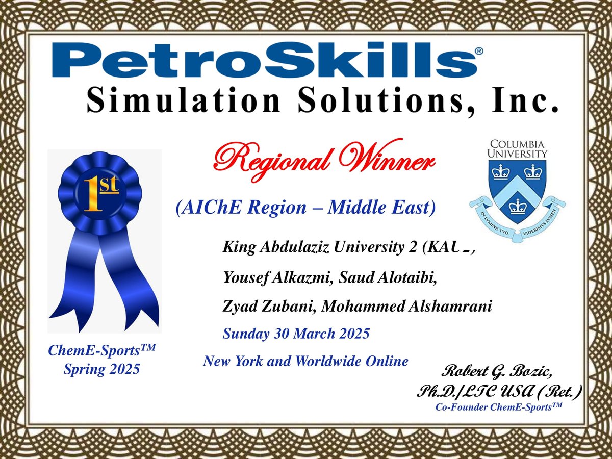 AIChE_KAU's tweet photo. We are glad to announce achieving 1st &amp; 2nd spots regionally in the Spring 2025 ChemE-Sports competition, special thanks to our participants for their dedication and efforts and to @ChEnected &amp; @PetroSkills for the opportunity https://t.co/3aOkEgtzP5