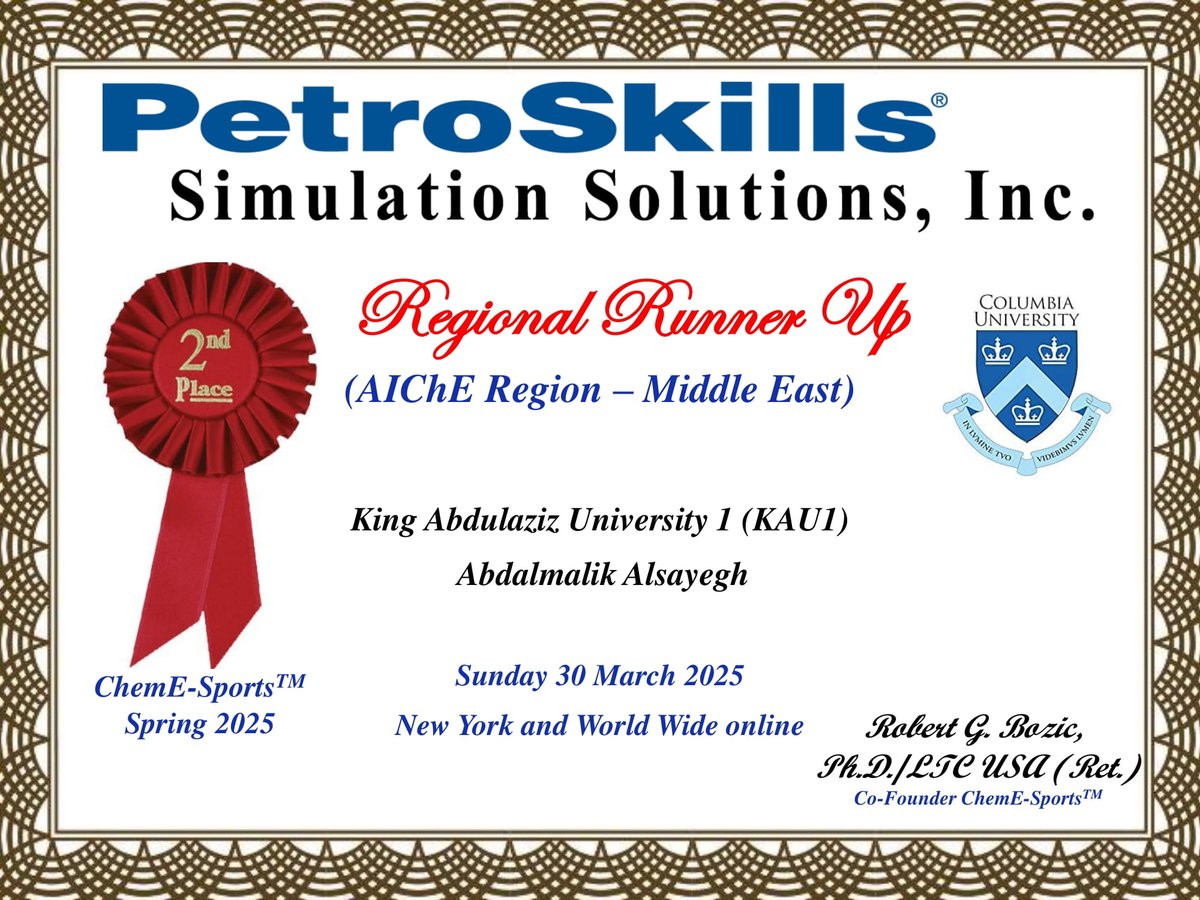 AIChE_KAU's tweet photo. We are glad to announce achieving 1st &amp; 2nd spots regionally in the Spring 2025 ChemE-Sports competition, special thanks to our participants for their dedication and efforts and to @ChEnected &amp; @PetroSkills for the opportunity https://t.co/3aOkEgtzP5