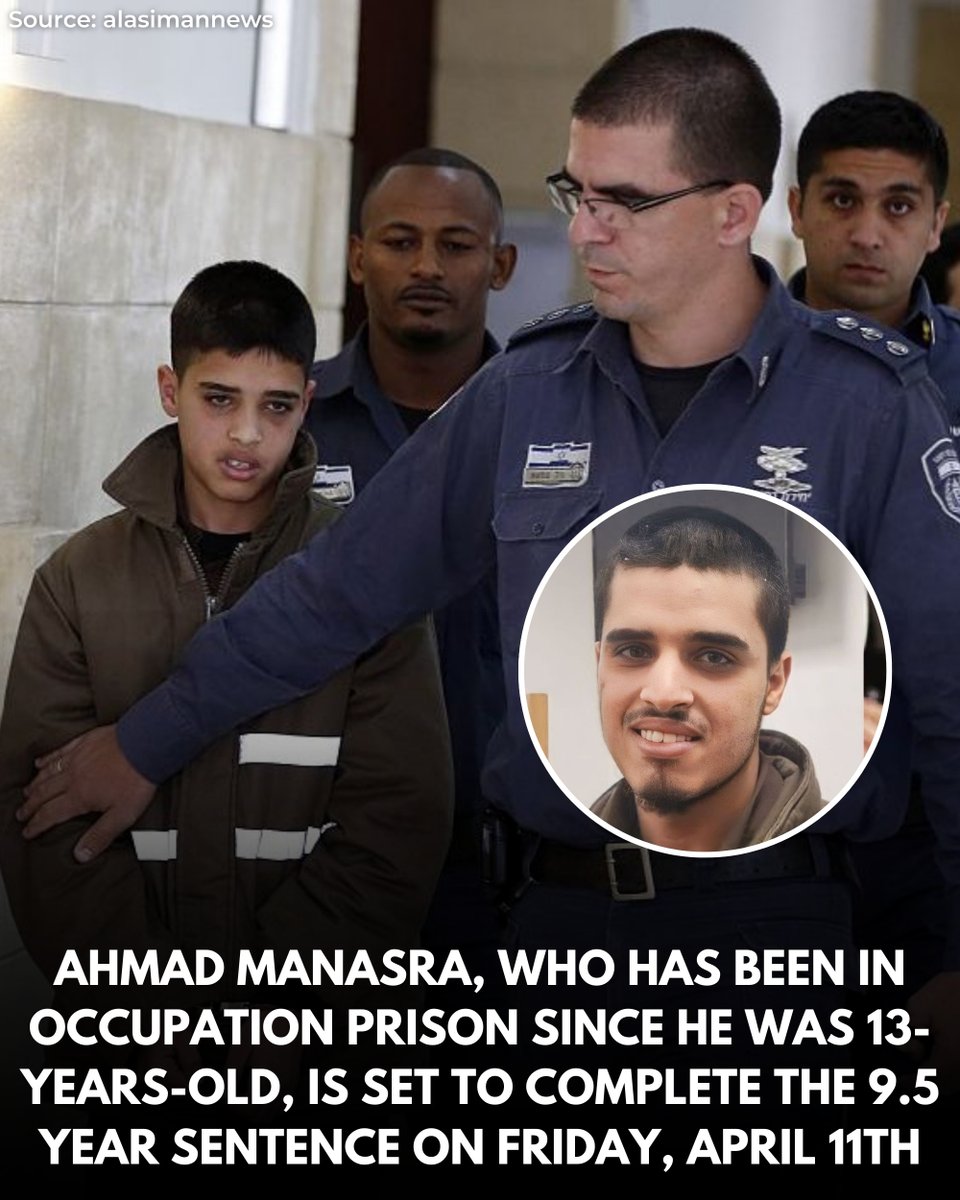 WearThePeaceCo's tweet photo. Ahmad Manasra is reportedly set to be released this Friday, April 11th, after spending 9.5 years in the occupation’s prison. On October 12th 2015, he was sentenced to 12 years in prison which was later reduced to 9.5 years in 2017. The child was tortured to a confession on camera and held in solitary confinement for over 2 years.

Source: @alasimannews