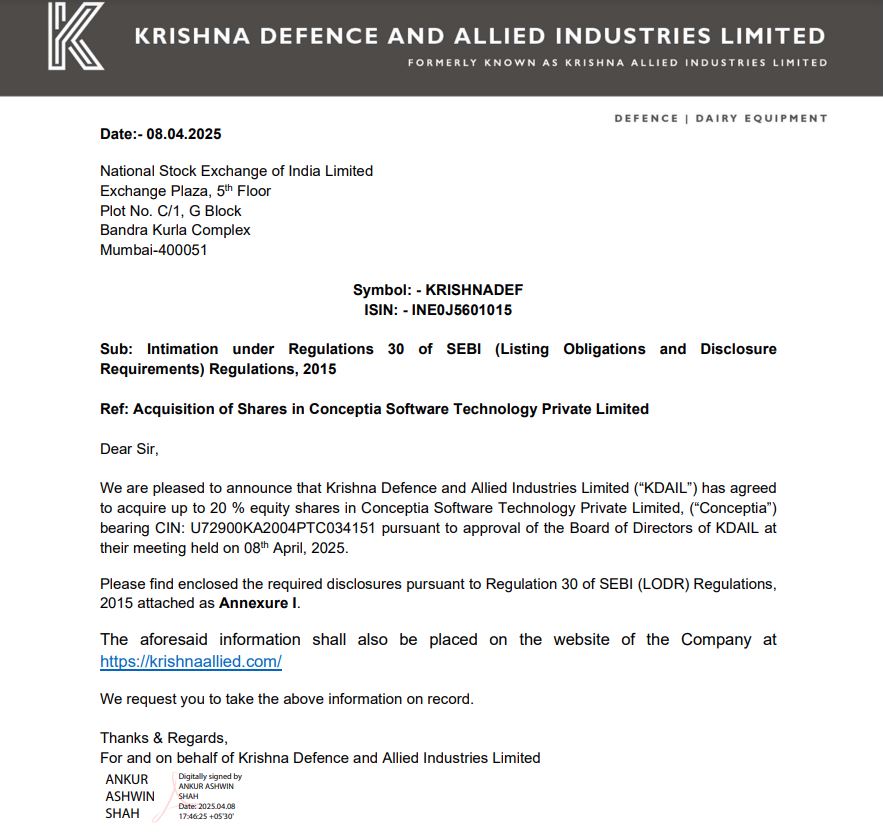pant_amol's tweet image. ✅Krishna Defence and Allied Industries Ltd 
 to acquire up to 20% equity shares in Conceptia Software Technology Pvt Ltd at ₹200 per share. Conceptia is an ISO 9001-2015 certified engineering service provider with a turnover of ₹69.29 Cr.

. #SME #KRISHNADEF