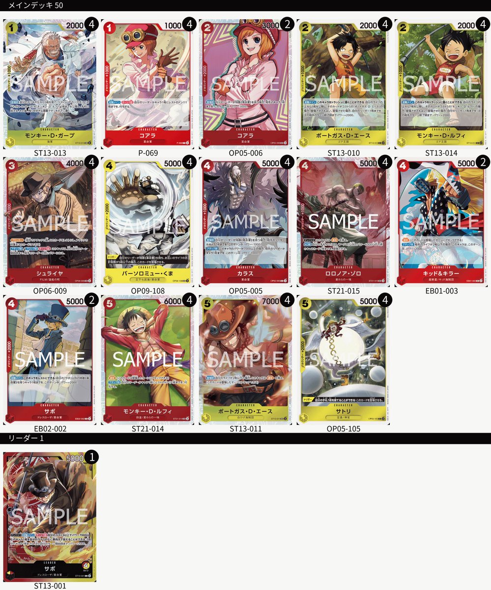 赤黄サボで直近の大会に出るとしたら
4ゾロ入れるかな。
・ルッチ・エネル・青紫ルフィの神誅殺等
KO耐性として。

あとシュライヤ
・後半に子どものコンボが使えなかった時に、
5コスト速攻とシュライヤ登場。
リーダー効果でシュライヤパンプ。
→7000以上のブロッカーになる。