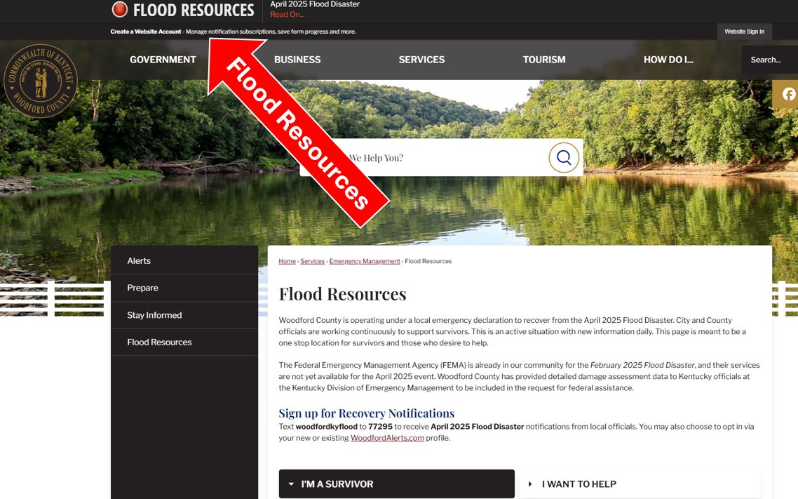 A new FLOOD RESOURCES page was just published on Woodford County's website. Visit woodfordcountyky.gov/flood or click the FLOOD RESOURCES link at the top of every page. We'll keep this updated with current information as recovery continues.