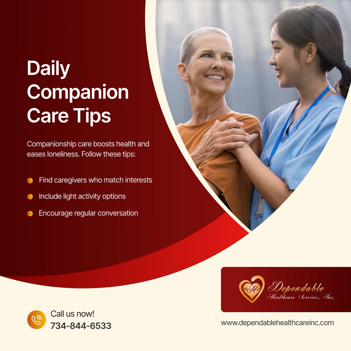 dependablehcs's tweet photo. Staying socially active is essential for mental and emotional well-being. Companionship care offers meaningful connection and support right at home. 

#HomeHealthCare #CantonMI #CareWithCompassion https://t.co/e9h6b36ADY