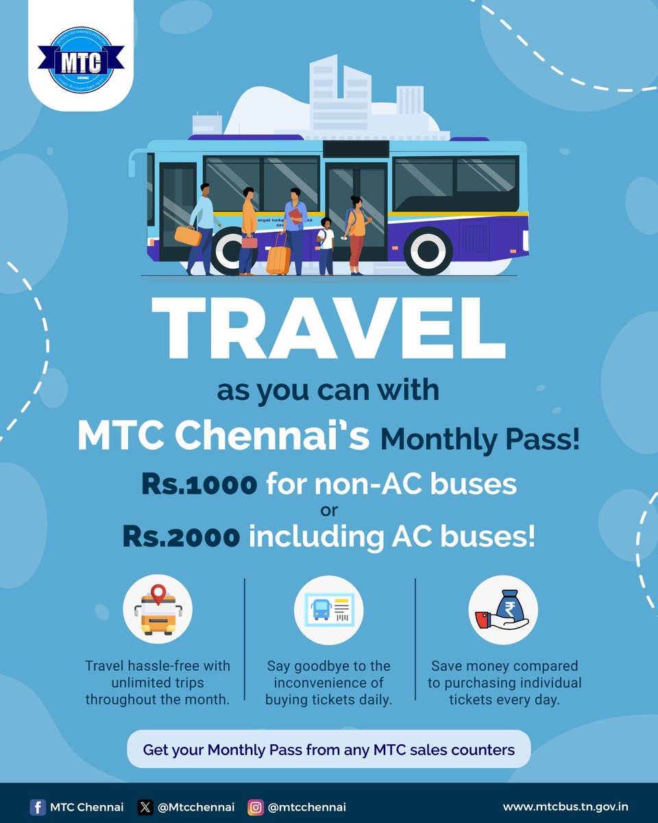 MtcChennai's tweet photo. Dear Commuters!
Are you a daily traveler?

Looking for an affordable way to commute in Chennai?

#MTC has got you covered with our concession fares!
Choose the pass that suits your travel needs:

Rs. 1000 Monthly Pass: Unlimited trips across all MTC fleets (excluding AC fleets, lift services, and chartered trips).

Rs. 2000 Monthly Pass: Enjoy unlimited travel including AC buses for a more comfortable ride!

Travel hassle-free and save more every month.
Get your passes now!

For more information👇
https://t.co/4gzsyg32Lr

#MTCChennai | #MTC4Chennai | #ChennaiBus | #MTCBus | #Chennai | #NammaChennai | #NammaBus | #PublicTransport | #MonthlyPass