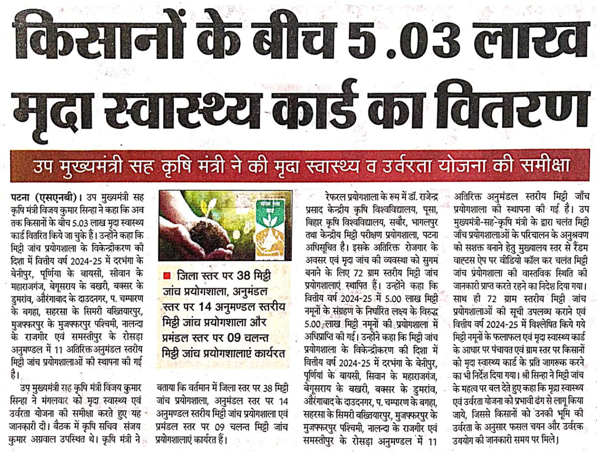 Agriculture Department, Govt. of Bihar (@agribih) on Twitter photo माननीय उप मुख्यमंत्री -सह - कृषि मंत्री श्री <a href="/VijayKrSinhaBih/">Vijay Kumar Sinha</a> जी ने कहा कि गत वित्तीय वर्ष में किसानों के बीच 5.03 लाख मृदा स्वास्थ्य कार्ड का वितरण किया गया। <a href="/SanjayAgarw_IAS/">Sanjay Kumar Agarwal</a> <a href="/AgriGoI/">Agriculture INDIA</a> <a href="/BametiBihar/">Director, BAMETI, Bihar</a> <a href="/IPRDBihar/">IPRD Bihar</a> माननीय उप मुख्यमंत्री -सह - कृषि मंत्री श्री <a href="/VijayKrSinhaBih/">Vijay Kumar Sinha</a> जी ने कहा कि गत वित्तीय वर्ष में किसानों के बीच 5.03 लाख मृदा स्वास्थ्य कार्ड का वितरण किया गया। <a href="/SanjayAgarw_IAS/">Sanjay Kumar Agarwal</a> <a href="/AgriGoI/">Agriculture INDIA</a> <a href="/BametiBihar/">Director, BAMETI, Bihar</a> <a href="/IPRDBihar/">IPRD Bihar</a>