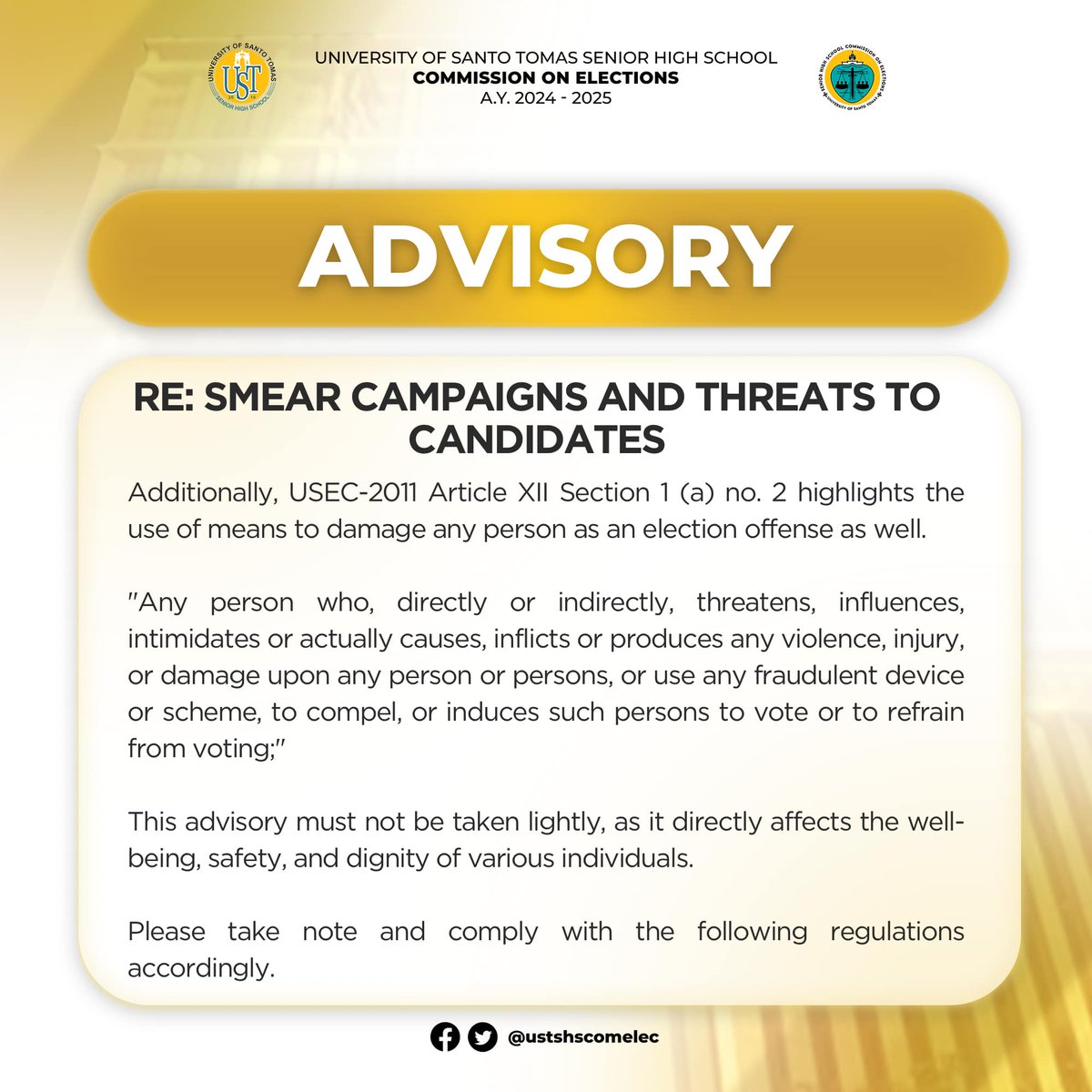 ⚜️SMEAR CAMPAIGNS AND THREATS TO CANDIDATES

Advisory No. 1
Series of 2024-2025