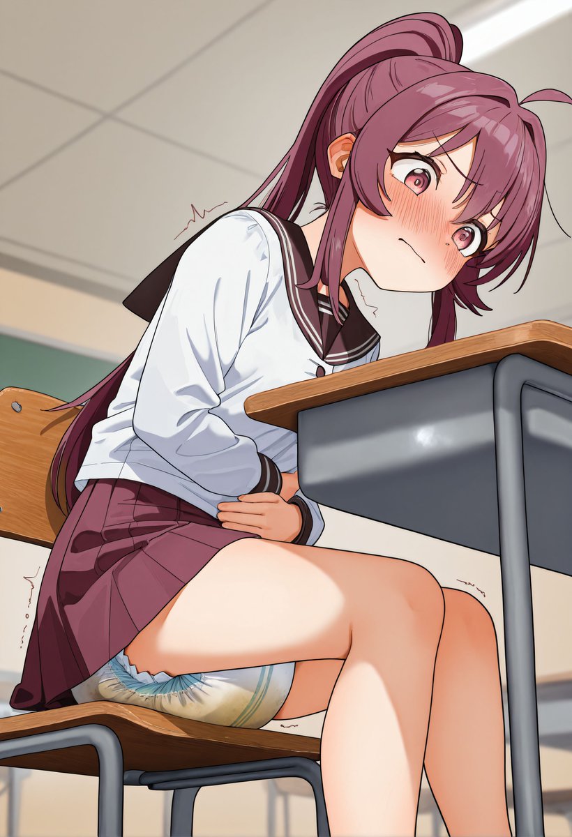 TanyaaMK3's tweet photo. Ayano's tummy is acting up, can someone please take her to the nurse's office?!

綾乃ちゃん、お腹が痛くて大変そう…誰か保健室に連れて行ってあげて！

#diaper #おむつ #abdl #aiart https://t.co/ruTbK04kVn
