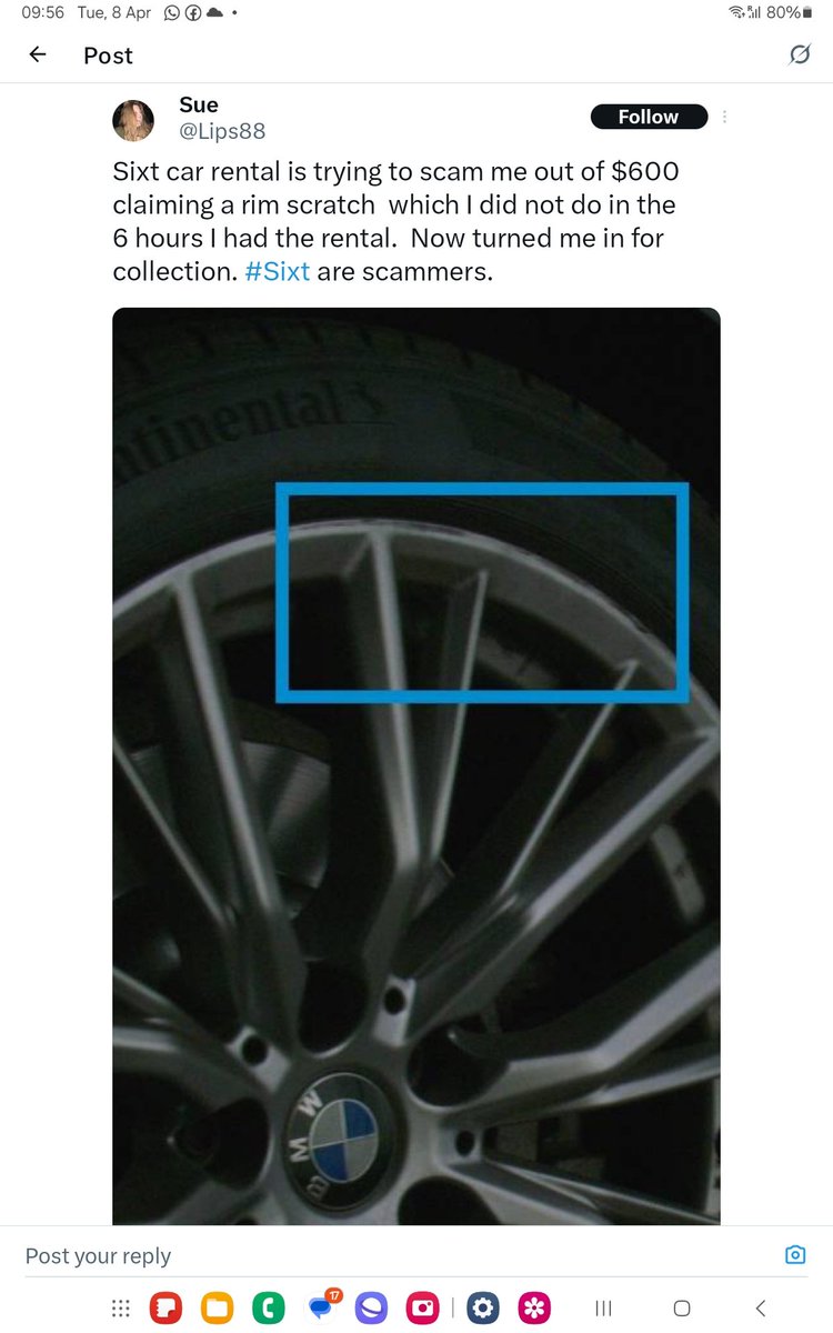 DiputheDK's tweet photo. @SixtDE  Trying to charge €814 for a superficial scratch on a rim when the original part only costs €220! The rental was insured for  €1100. This isn’t the first time they’ve been caught looting their customers. Shameful practices! 😡 #sixtDE #SIXT #sixtcarental #sixtscam https://t.co/6Bzada74ay