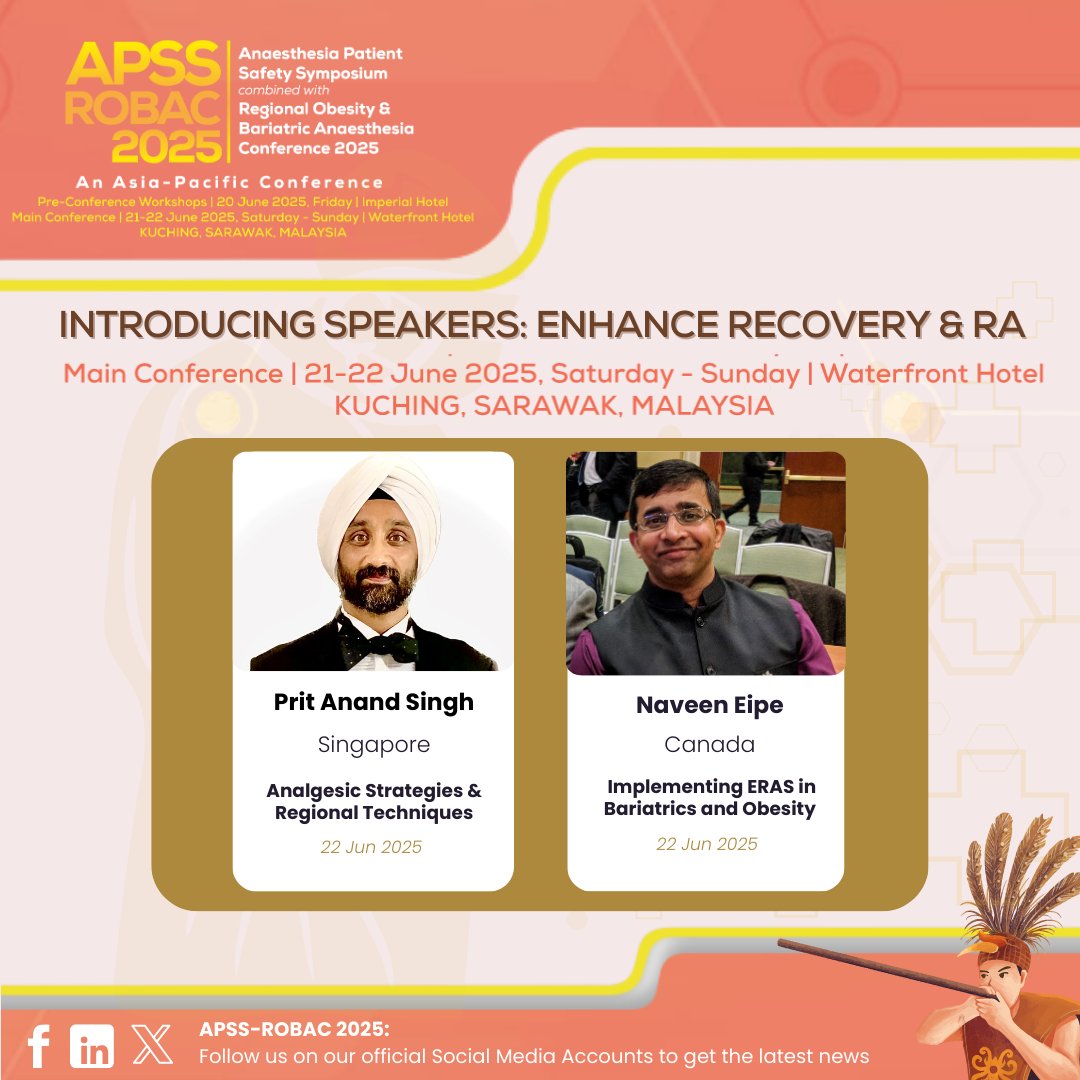 Discover key insights at APSS-ROBAC 2025 on Enhanced Recovery &amp; Regional Anaesthesia—game-changers in modern perioperative care. Less reliance on pain meds, faster recovery. Check out our speaker lineup!
#APSSROBAC2025 #APSSROBAC #PatientSafety #Bariatric #RegionalAnaesthesia