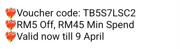 cityangel78's tweet image. 📢 Voucher DROPPPPP!!!! 🚀

💥💥RM5 min spend RM45! 🎉 Use it NOWWWWWW!🛒🛒📢

Voucher code: TB5S7LSC2
9 Apr 2025

s.lazada.com.my/s.pon3s?cc

#CheckOutNow #LazadaMY