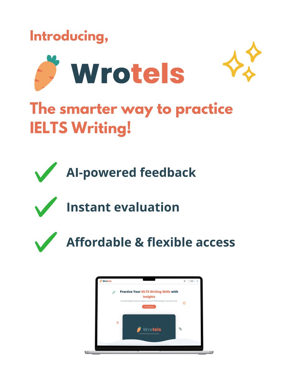 wrotels's tweet photo. Say hello to a smarter way to practice IELTS Writing ✨
Wrotels is finally here! 🎉

With instant, AI-powered feedback for both Task 1 &amp; Task 2, Wrotels helps you improve your writing with clarity and confidence — anytime, anywhere. https://t.co/SSasHoejTn
