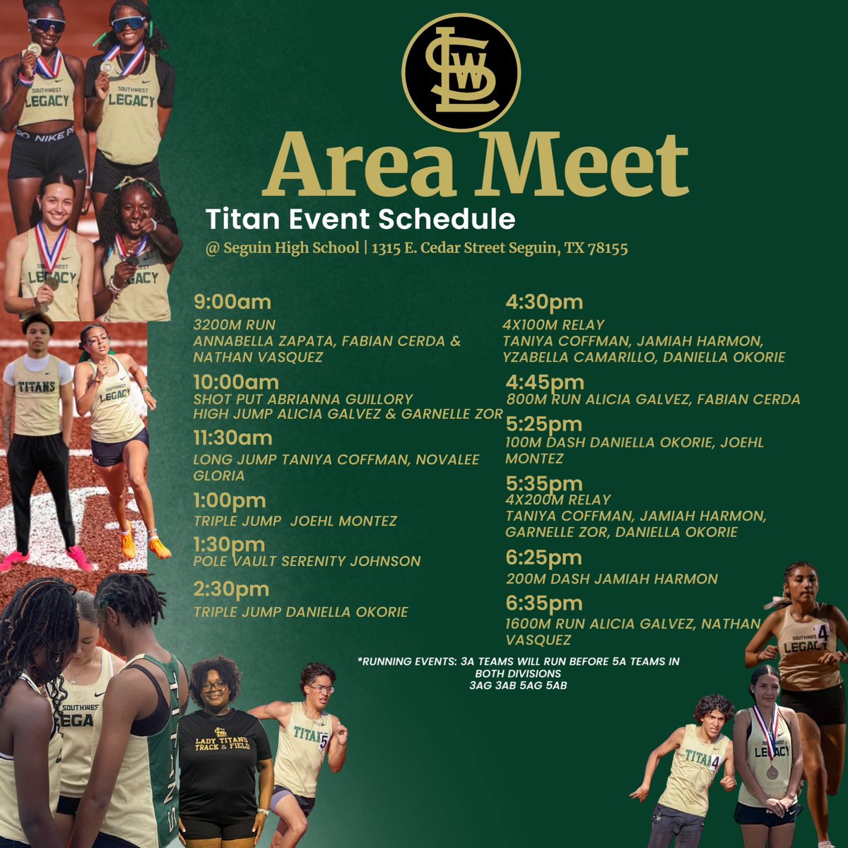 SWL Track/Cross Country (@swisd_swlcc) on Twitter photo SWL TITANS BOYS AND GIRLS TRACK TRAVEL TO SEGUIN TOMORROW (4-9-25). First race for the Titans is at 9am with the 3200m. See the list of athletes/times and events they will be competing in. <a href="/swisd_SWLathl/">SW Legacy Athletics</a> <a href="/swisd_swlhs/">SW Legacy HS</a> <a href="/rcaudiosports/">RC Audio Sports</a> <a href="/swisd_athletics/">SWISD Athletics</a> SWL TITANS BOYS AND GIRLS TRACK TRAVEL TO SEGUIN TOMORROW (4-9-25). First race for the Titans is at 9am with the 3200m. See the list of athletes/times and events they will be competing in. <a href="/swisd_SWLathl/">SW Legacy Athletics</a> <a href="/swisd_swlhs/">SW Legacy HS</a> <a href="/rcaudiosports/">RC Audio Sports</a> <a href="/swisd_athletics/">SWISD Athletics</a>