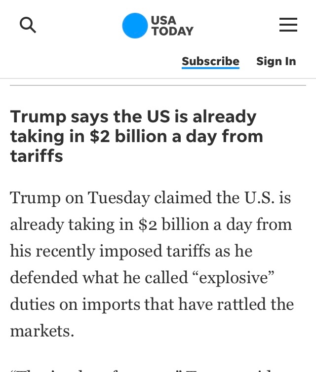 alorcap1's tweet photo. Trump’s 104% tariffs..

If they really have pulled in $2bln a day, then we’ll be truly fucked next time we go shopping https://t.co/h7PT1hWXWG