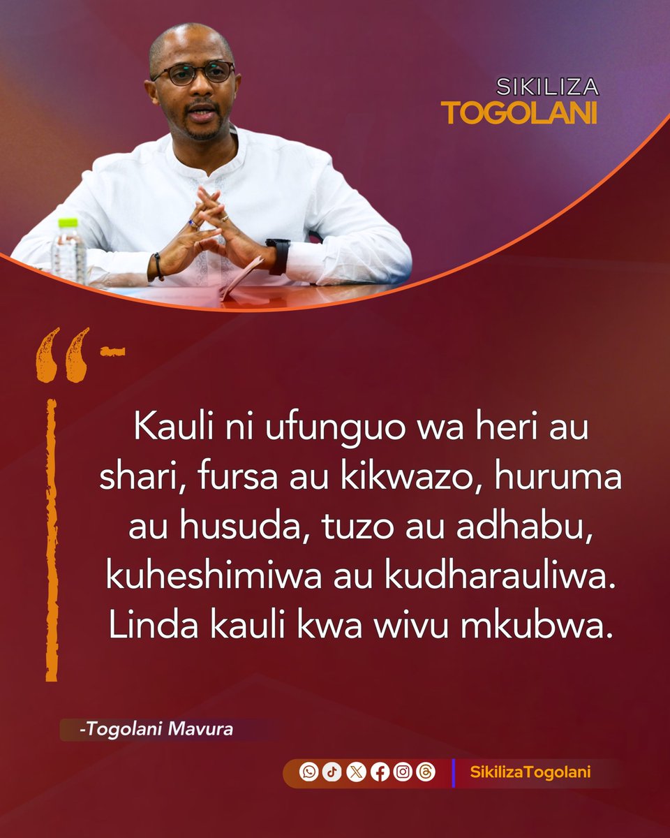 SikilizaTogolan's tweet photo. "Kauli ni ufunguo wa heri au shari, fursa au kikwazo, huruma au husuda, tuzo au adhabu, kuheshimiwa au kudharauliwa. Linda kauli kwa wivu mkubwa." ~Togolani Mavura. https://t.co/DBR0SnzlGv