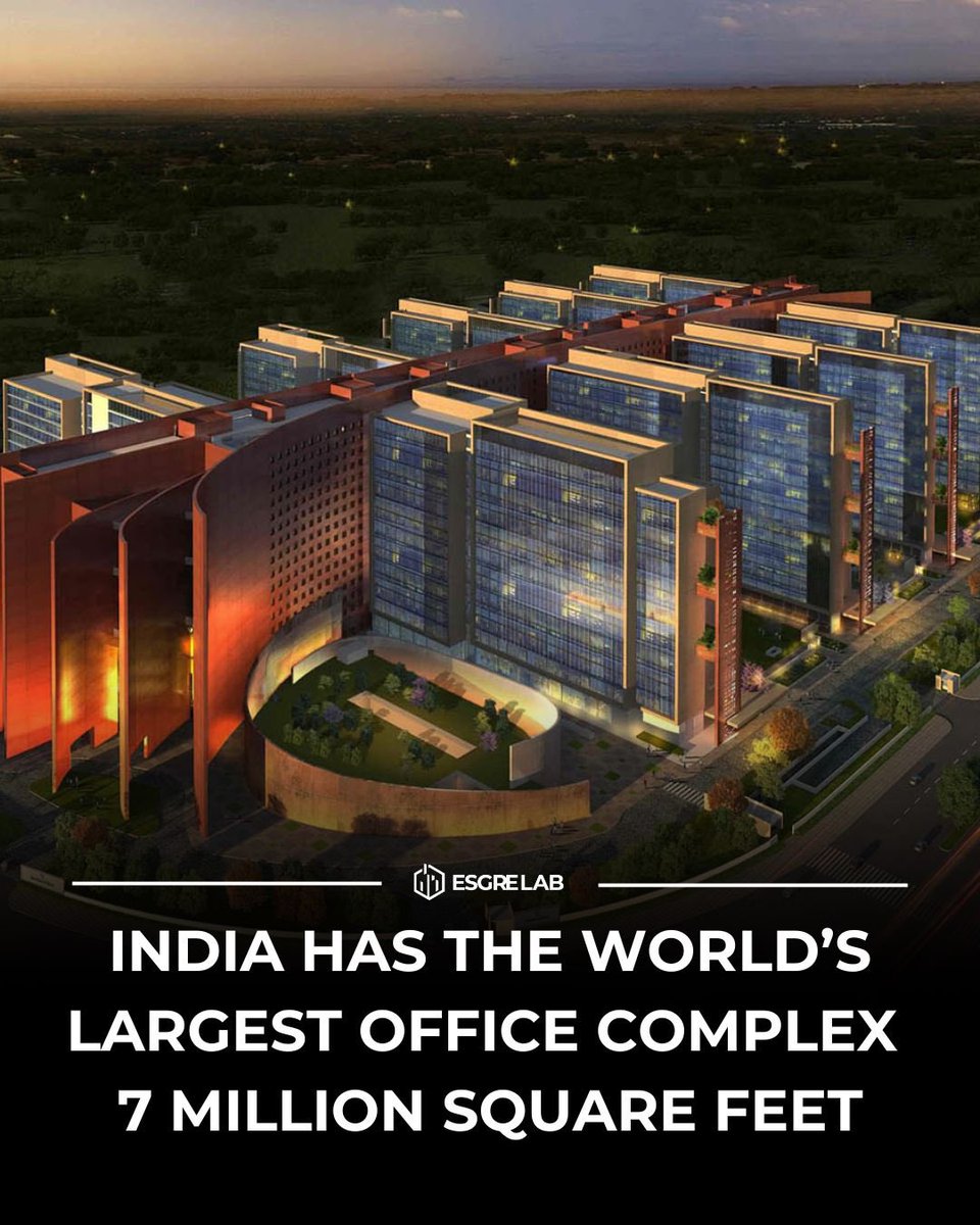 esgrelab's tweet photo. India is now home to the world’s largest office complex—a monumental space designed for innovation and the future of work. Built with sustainability in mind, it features energy-efficient systems, green building materials, solar power integration, and expansive green spaces that promote well-being and environmental responsibility.