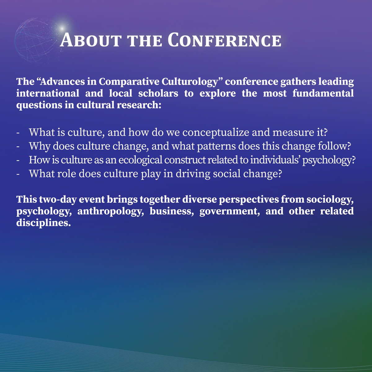 🌍 What is culture &amp; how does it shape our world?

Join us at the 𝐈𝐧𝐭𝐞𝐫𝐧𝐚𝐭𝐢𝐨𝐧𝐚𝐥 𝐈𝐧𝐭𝐞𝐫𝐝𝐢𝐬𝐜𝐢𝐩𝐥𝐢𝐧𝐚𝐫𝐲 𝐂𝐨𝐧𝐟𝐞𝐫𝐞𝐧𝐜𝐞 – 𝐀𝐝𝐯𝐚𝐧𝐜𝐞𝐬 𝐢𝐧 𝐂𝐨𝐦𝐩𝐚𝐫𝐚𝐭𝐢𝐯𝐞 𝐂𝐮𝐥𝐭𝐮𝐫𝐨𝐥𝐨𝐠𝐲

🗓️ 15–16 May 2025 | 📍 Lingnan University, Hong Kong