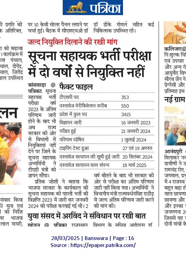 LekhramGandhiG's tweet photo. @DIPRRajasthan @BhajanlalBjp @KumariDiya @DrPremBairwa @RajCMO @RajGovOfficial @wrdrajasthan सरकार के45 दिन में नियुक्त देने के वादा को  तोड़ा #DOiT ने  डॉक्यूमेंट वेरिफिकेशन के 4 माह होने पर भी नियुक्ति नही

#सूचना_सहायक_भर्ती_से_स्टे_हटाओ
#IA_भर्ती_न्यायिक_बाधा_हटाओ
#IA_भर्ती_फाइनल_परिणाम_जारी_करो

@alokrajRSSB
@BadhalDr https://t.co/3r9e6dC0u2