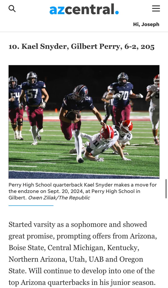 Perry High Football (@perrypumas) on Twitter photo Top 10 Class of 27 prospect the number 1 QB! Keep grinding and never settle! Only halfway through your high school career! Canโt wait to see what you do the rest of the way in the Puma Nation and beyond! <a href="/Kael_Snyder12/">Kael Snyder</a> <a href="/JosephO24/">Joseph Ortiz</a> <a href="/ASnyds68/">Adam Snyder</a> <a href="/jakeayala7/">jake ayala</a> <a href="/coach_clare/">Justin Clare</a> <a href="/CoachyarbsPHS/">Mike Yarbrough</a> Top 10 Class of 27 prospect the number 1 QB! Keep grinding and never settle! Only halfway through your high school career! Canโt wait to see what you do the rest of the way in the Puma Nation and beyond! <a href="/Kael_Snyder12/">Kael Snyder</a> <a href="/JosephO24/">Joseph Ortiz</a> <a href="/ASnyds68/">Adam Snyder</a> <a href="/jakeayala7/">jake ayala</a> <a href="/coach_clare/">Justin Clare</a> <a href="/CoachyarbsPHS/">Mike Yarbrough</a>