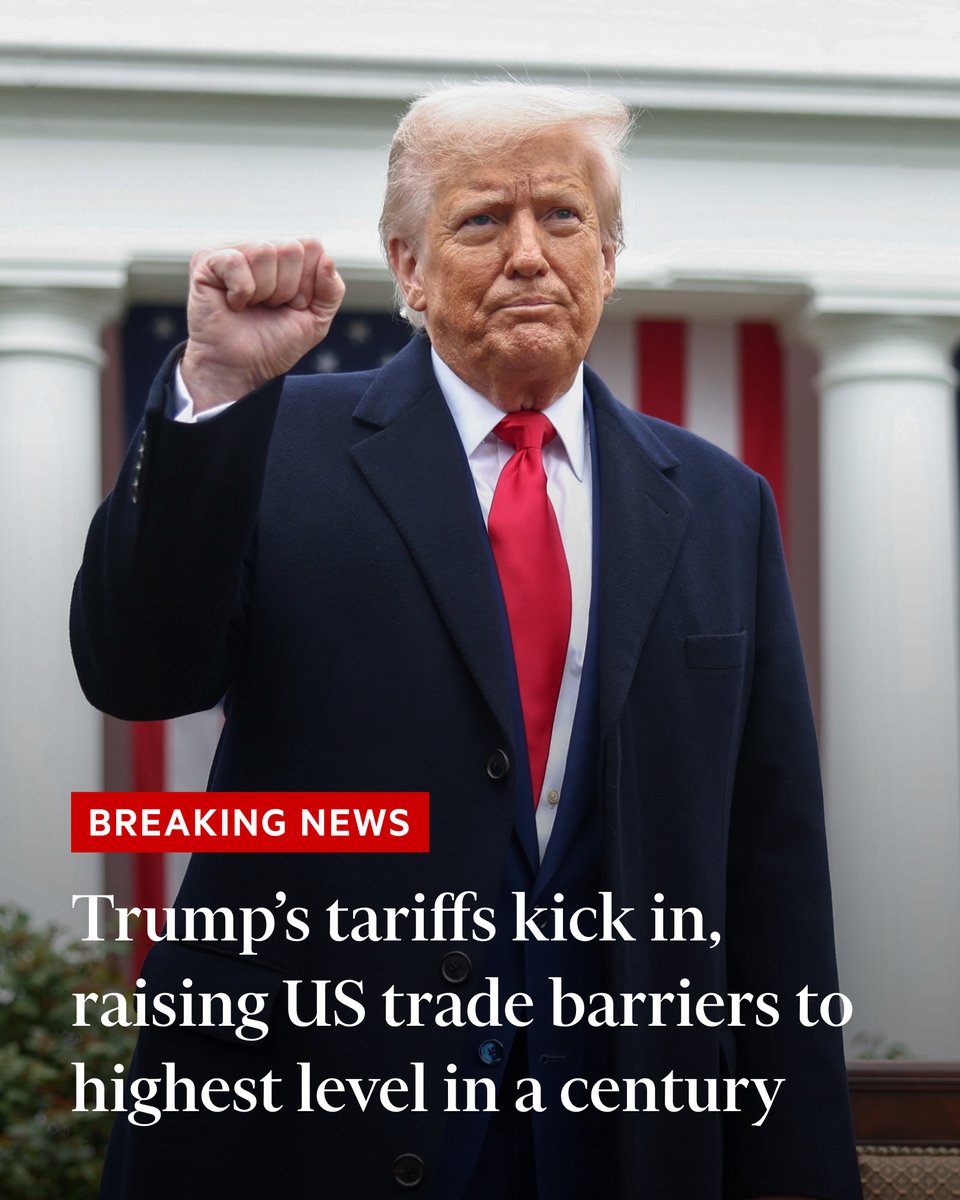 FT's tweet photo. Breaking news: Donald Trump’s tariffs have taken effect, hitting nearly all US imports and imposing a 104% levy on China
https://t.co/15Un6rU2OA https://t.co/2stFEipuGb