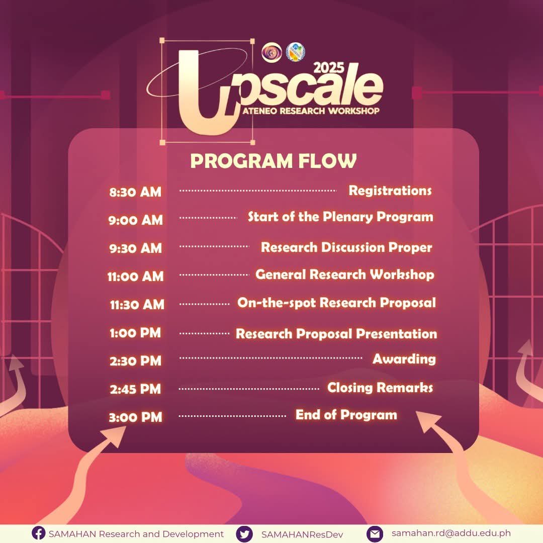 SAMAHANResDev's tweet photo. 𝐑𝐞𝐚𝐝𝐲 𝐭𝐨 𝐔𝐩𝐬𝐜𝐚𝐥𝐞 𝐘𝐨𝐮𝐫 𝐑𝐞𝐬𝐞𝐚𝐫𝐜𝐡?✍ 🌟

Get ready for Upscale 2025 — a research workshop open to 𝒂𝒍𝒍 𝑨𝒅𝑫𝑼 𝒂𝒏𝒅 𝒏𝒐𝒏-𝑨𝒅𝑫𝑼 𝒔𝒕𝒖𝒅𝒆𝒏𝒕𝒔, packed with insightful sessions, hands-on activities, and real-time proposal crafting!

[1/2] https://t.co/ovATXlKseF