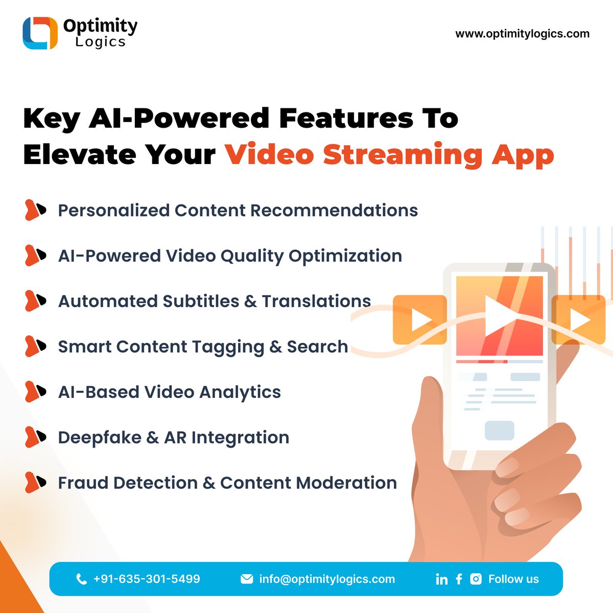 optimitylogics's tweet image. 🚀 Elevate your video streaming app with cutting-edge AI features!  

#AIStreaming #VideoTech #StreamingApp #MachineLearning #PersonalizedContent #VideoAnalytics #AR #DeepfakeTech #ContentModeration #AppInnovation #TechTrends #TechStartups #OptimityLogics