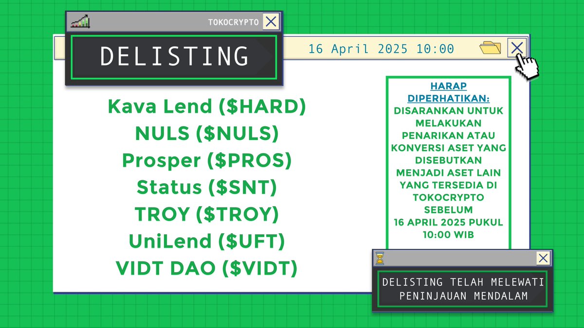 Tokocrypto's tweet photo. Hi Tokonauts,
Tokocrypto akan menghentikan perdagangan (delisting) BADGER, BAL, BETA, CREAM, CTXC, ELF, FIRO, HARD, NULS, PROS, SNT, TROY, UFT dan VIDT pada 16 April 2025 pukul 10:00 WIB.

PERHATIAN: Pengguna diimbau untuk melakukan penarikan atau mengonversi BADGER, BAL, BETA, CREAM, CTXC, ELF, FIRO, HARD, NULS, PROS, SNT, TROY, UFT & VIDT ke aset lain sebelum jadwal delisting.

Info selengkapnya: https://t.co/wVi1KnV5qH

Terima kasih atas perhatiannya!
#InfoTokocrypto
