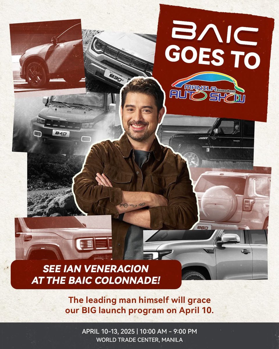 BAEneracionOfcl's tweet photo. The leading man will lead our BIG launch!
See Ian Veneracion on April 10 at The BAIC Colonnade for the Manila International Auto Show! He’s sure to get you all fired up for the grand things we’ve got in store for you.
#BAICPhilippines #DareToDriveBig #MIAS2025 #ianveneracion https://t.co/8SDWyfRaEQ
