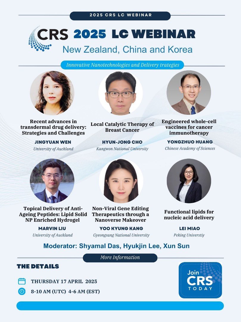 🔬 #CRSLCWebinar  🔬
MyCRS members! Explore cutting-edge nanotech from NZ, China &amp; Korea 🌏
📅 April 17 | 8–10 AM UTC
🧪 Topics: transdermal delivery, catalytic cancer therapy, whole-cell vaccines, anti-ageing peptides, gene editing &amp; nucleic acid lipids
<a href="/CRSScience/">Controlled Release Society</a>