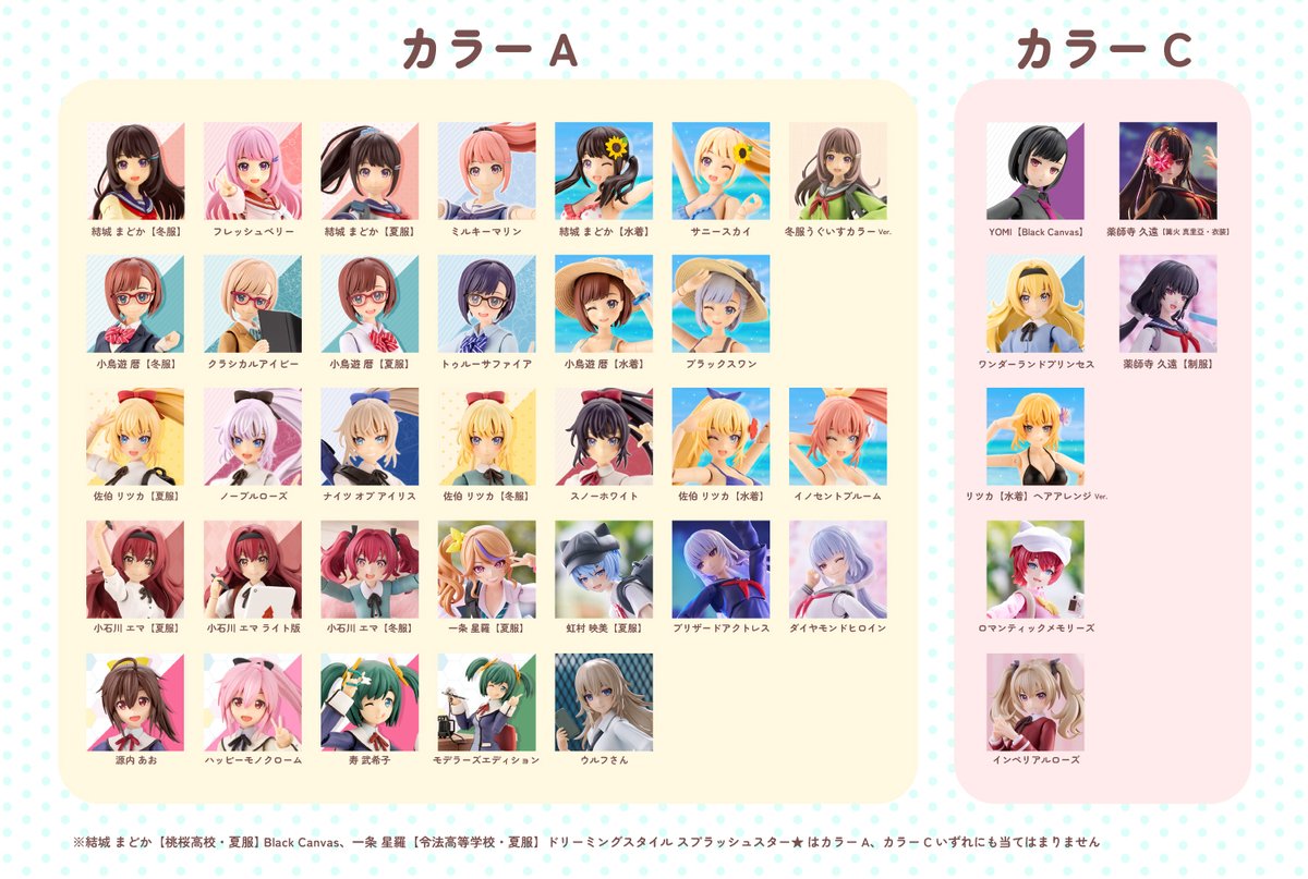 スキンカラーの一覧表を更新しました！
久遠ちゃんは通常カラーがC、ドリーミングスタイルがAとなっています。
#創彩少女庭園