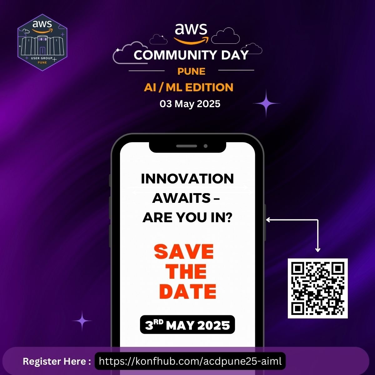 AwsPune's tweet photo. ๐
Big plans for May 3rd? You do now!
Get ready for a tech-packed Saturday at AWS Community Day Pune 2025 โ AI/ML Edition ๐คโ๏ธ
๐๏ธ Register now โ https://t.co/MMDPnGBXOs
#acdpune25 #awsugpune #awscommunityday #awscloud #techconference #pune #awscommunitybuilders #awsdevelopers https://t.co/xY59yFc6Bx