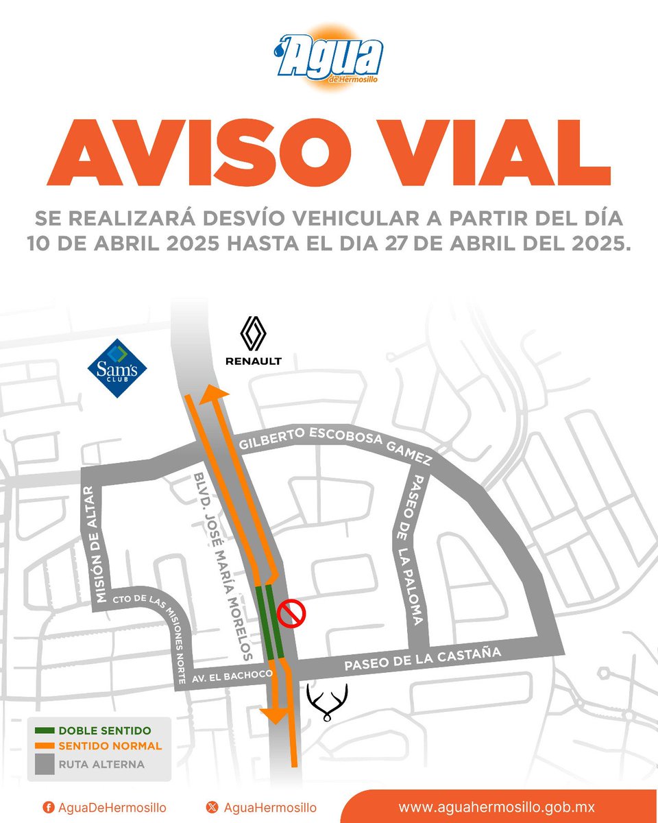 #AguaHInforma
Por trabajos de interconexión de tuberías del tanque Bachoco se adecuará vialidad en un tramo del bulevar Morelos.

👇Detalles:
facebook.com/share/p/164Q9X…