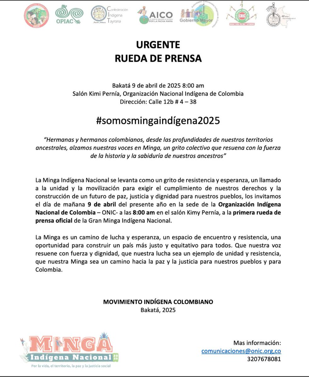 GerardoJumi's tweet photo. Urgente!

#somosmingaindígena2025

Rueda de prensa

Para Carta abierta

@petrogustavo @infopresidencia
@AABenedetti @MinInterior @FranciaMarquezM @ViceColombia

C. C. Medios de comunicación. https://t.co/ihga3MJFEc